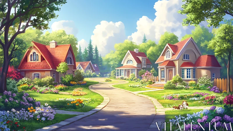 Curved residential lane passes small gabled houses and gardens