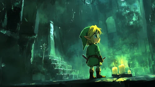 Young elf hero explores glowing ruins by candlelight.