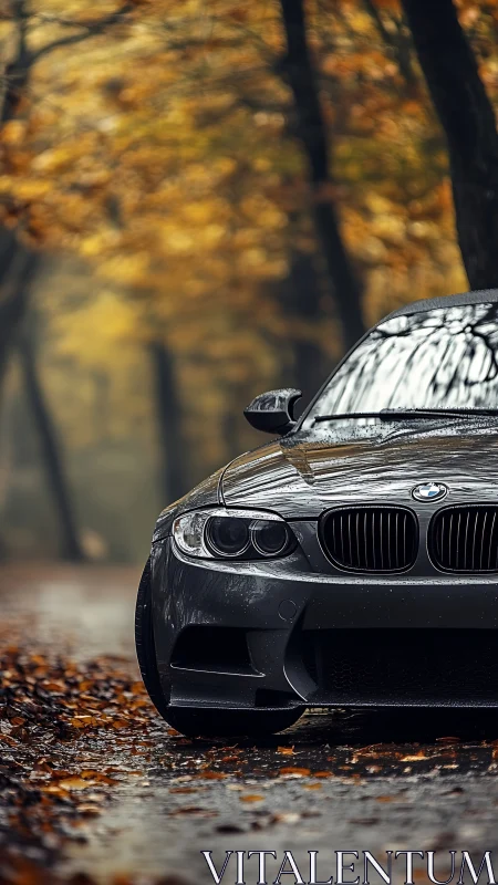 Dark gray BMW parked on wet forest road in autumn rain.
