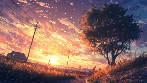 Golden hour path beneath a glowing summer sky.