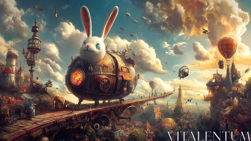 Giant rabbit airship crosses whimsical steampunk skybridge.
