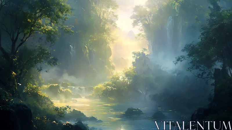 Illuminated canyon landscape with mist and cascading water formations