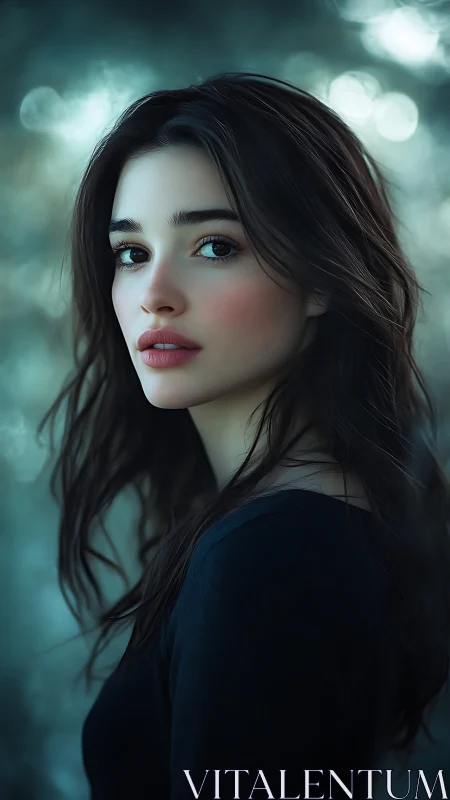 Ethereal brunette portrait in teal bokeh environment.