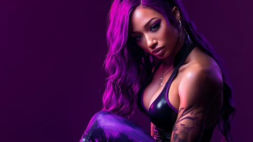 Purple-lit woman in leather outfit against studio backdrop.