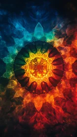 Radiant fractal mandala blooming in prismatic firelight.