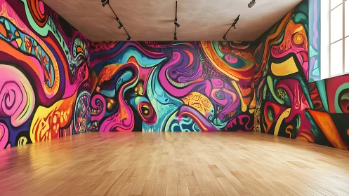 Colorful abstract mural room alive with playful street art.