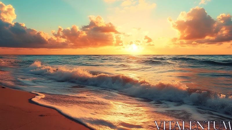 Sunset waves roll gently across a glowing, golden shore.