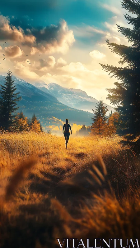 Solitary runner threads gold through a sunlit mountain meadow