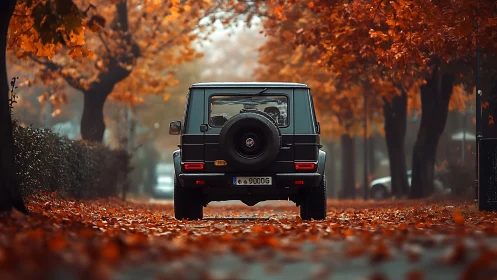 Autumn leaves crown a lone SUV cruising through quiet mist