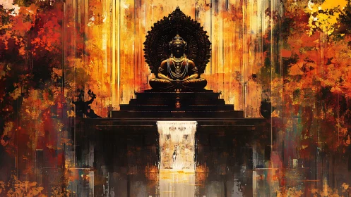 Buddha statue on tiered plinth amid abstract warm tones.