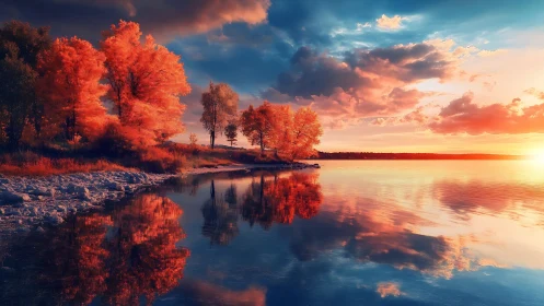 Sunset-coloured lakeside trees glow softly above mirrored water