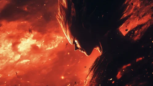 Digital painting profile of fiery anime warrior silhouette.