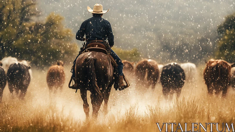Lone cowboy guides cattle through golden rain-soaked pasture