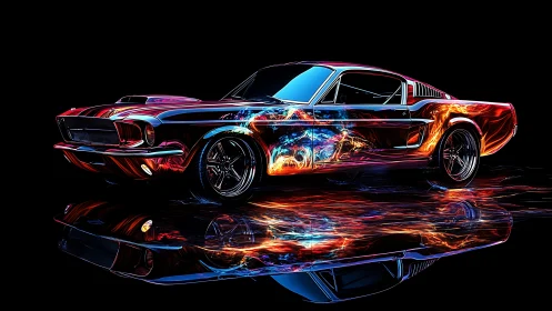 Classic fastback car with neon light trails on black background.