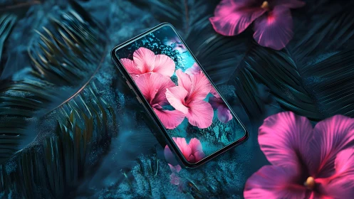 Modern smartphone with vivid pink hibiscus flowers, surreal style.