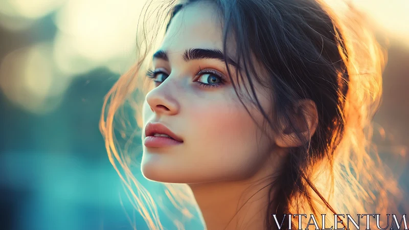 Sunlit portrait captures a serene young woman at golden hour