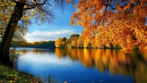 Spectral autumn canopy mirrored across rippling lacustrine surface.