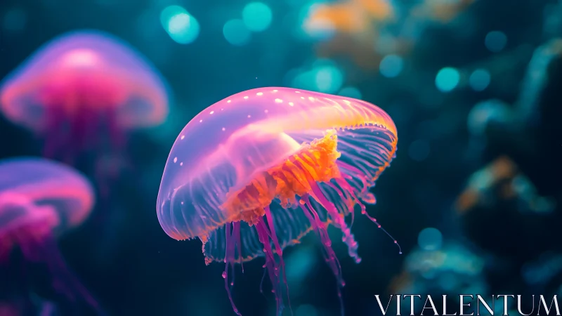 Neon jellyfish drifting through luminous blue ocean.