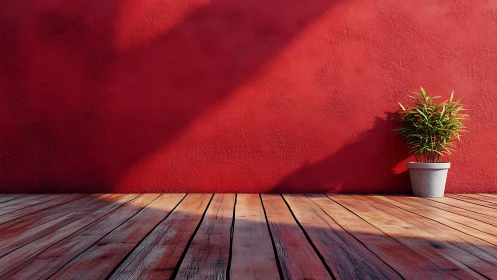 Potted plant against red wall on sunlit wooden floor