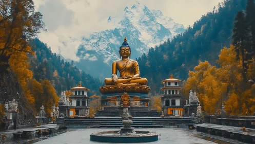 Golden Buddha statue sits before snowy mountain landscape