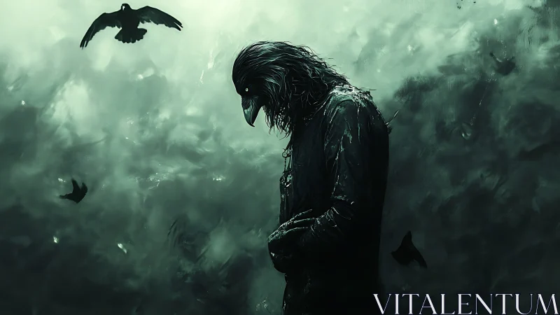 Corvid-headed figure in misty monochrome stormscape.