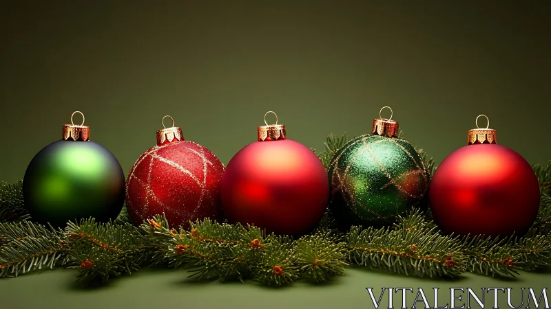 Festive Christmas baubles rest on evergreen branches softly