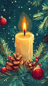 Glowing holiday candle warms a snowy evergreen wreath scene