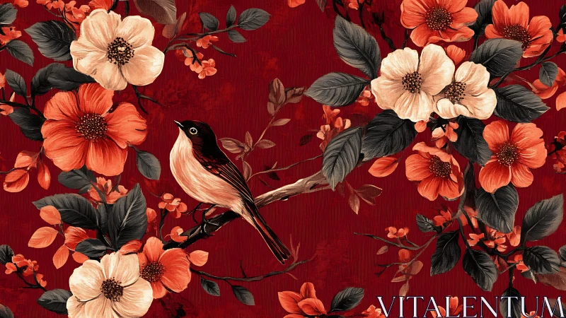 Vintage songbird and floral pattern on deep red background.