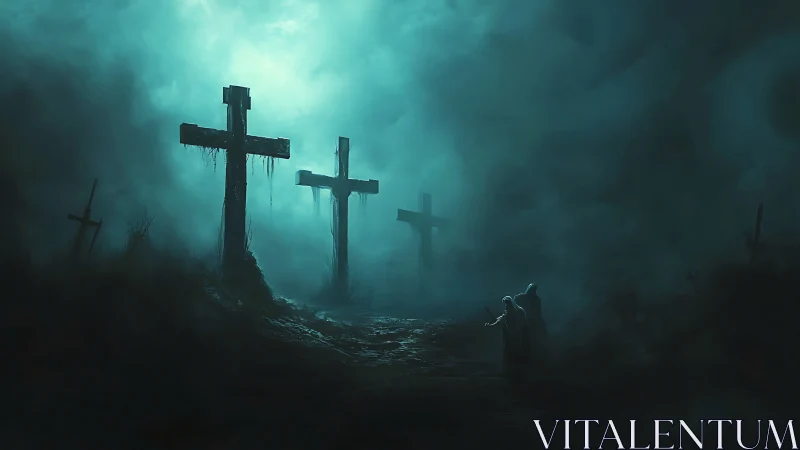 Fog shrouded graveyard path with looming crosses at dusk.