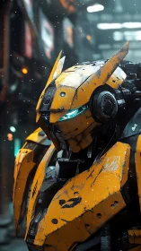 Battle-worn yellow mech under cyberpunk street snowlight.