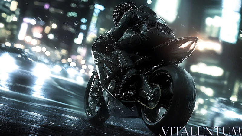 Night rider leans into neon soaked futuristic city street.