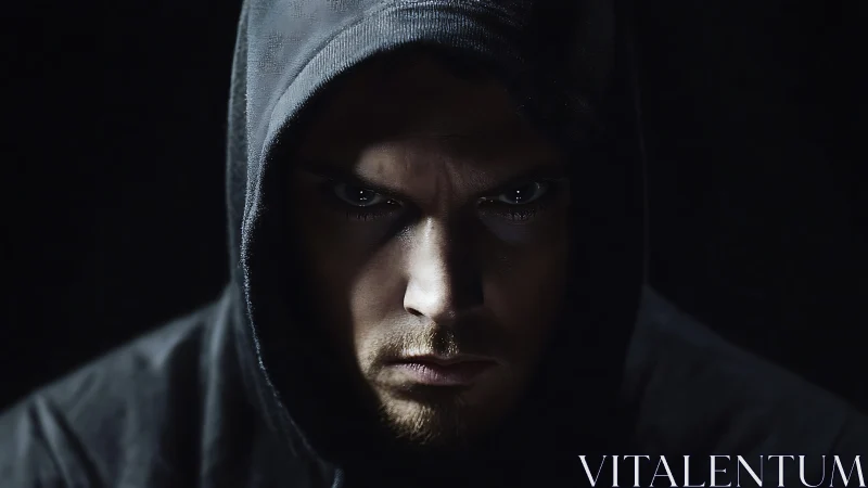 Man in dark hooded sweatshirt with intense stare forward.