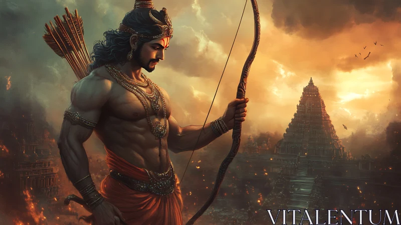 Epic archer deity studies temple under apocalyptic sunset sky