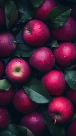 Juicy red apples rest in cool water with fresh green leaves