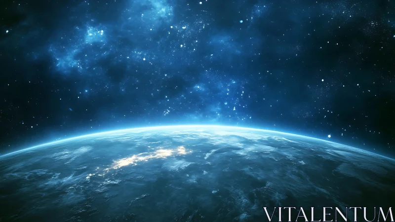 Blue dawn over Earth beneath a shimmering cosmic sea.