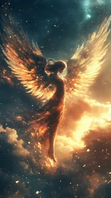 Radiant fire winged angel rising through glowing starlight.