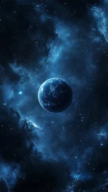 Single blue planet centered in deep star field space scene.