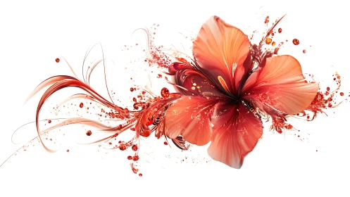 Red hibiscus blossom explodes into swirling digital splashes
