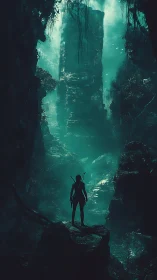 Silhouetted figure stands in misted canyon facing tall monolith
