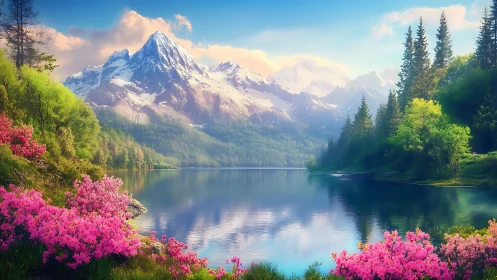 Snowy mountain range reflected in calm alpine lake