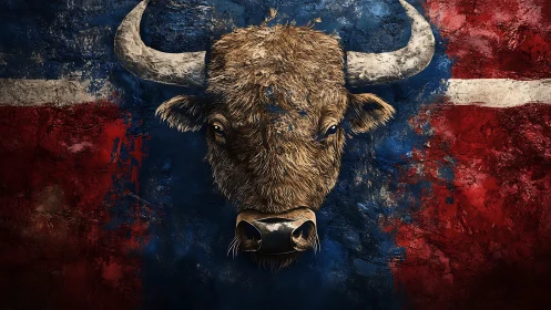 Bull portrait merges with textured red and blue painted flag
