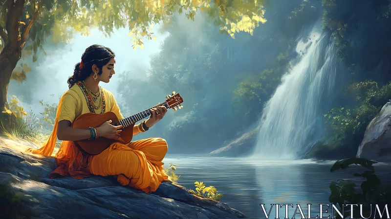 Young musician in yellow plays guitar by bright waterfall.