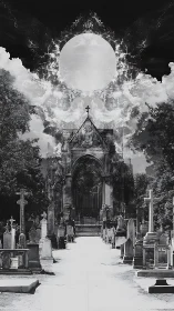 Moonlit necropolis under a shattering celestial halo.