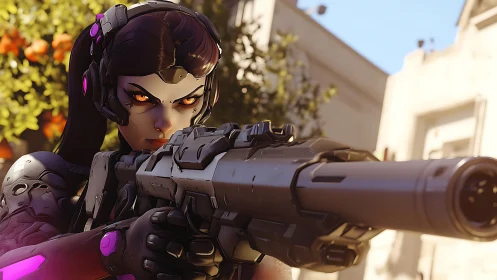 Cybernetic sniper character aiming rifle in urban setting.