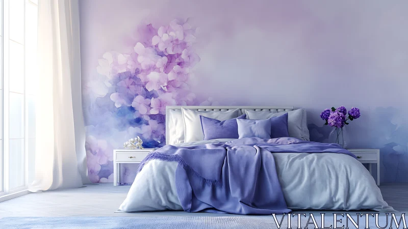Soft lavender bedroom soaked in dreamy morning light.