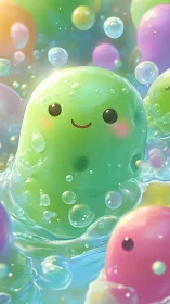 Green smiling jelly creature floating in bubbly liquid.
