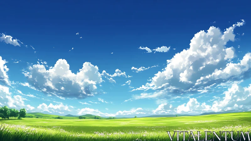 Vast summer meadow under deep blue sky with clouds.