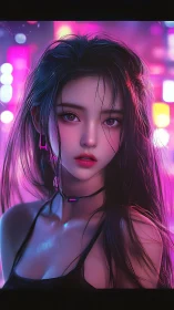 Neon lit cybernetic portrait of young woman in glossy rain