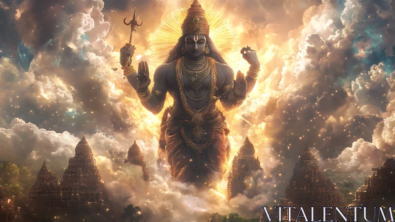 Colossal radiant deity emerging above sacred temple clouds.