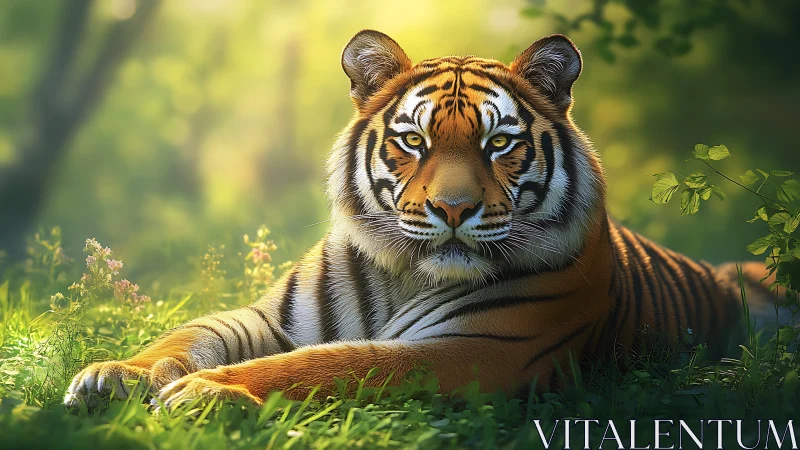 Majestic tiger rests in luminous forest clearing portrait